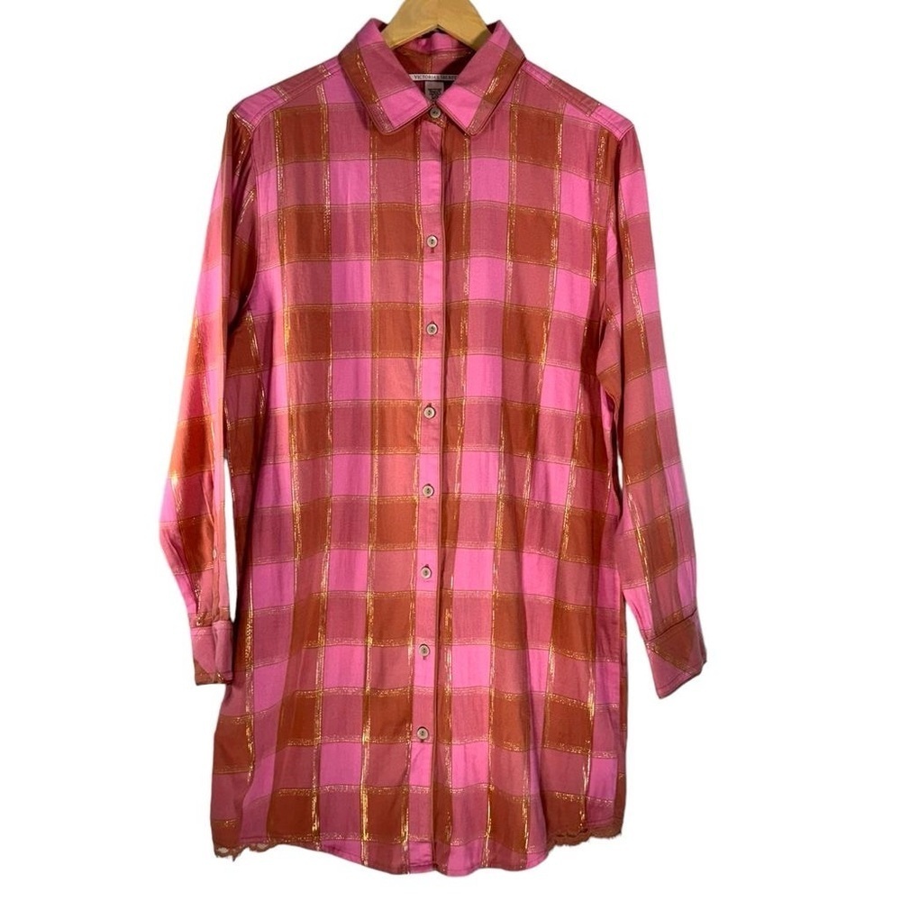 Victoria's Secret Pink Gold Thread Plaid Flannel Sleep Shirt Women's Medium